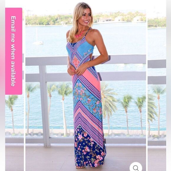 NEW Blue and Neon Sleeveless Floral Maxi Dress with Crochet Back.Size S - Picture 3 of 17